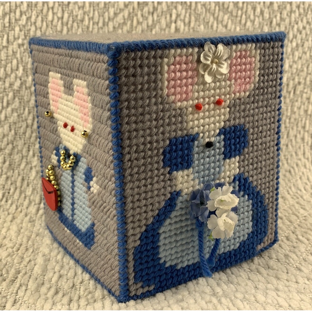 VTG Mouse Mice Plastic Canvas Tissue Box Topper Cover Handmade Blue‎ Gray Decor